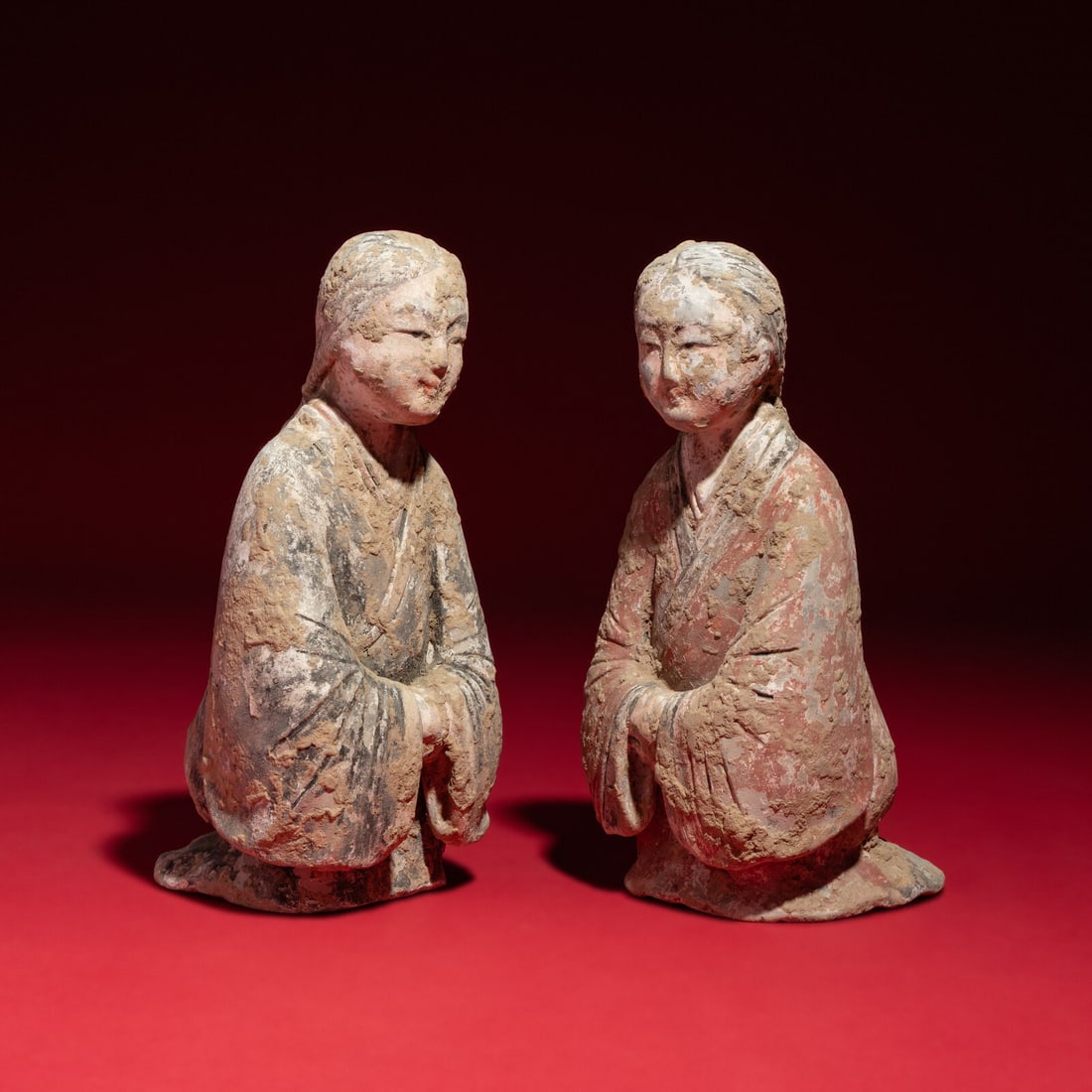 A Pair of Chinese Painted Pottery Kneeling Ladies, Western Han Dynasty (1 of 7)