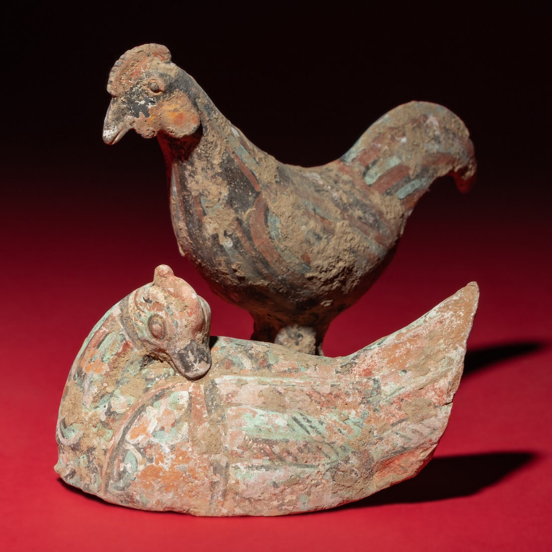A Chinese Painted Pottery Mandarin Duck and a Cockerel, Han Dynasty (1 of 5)