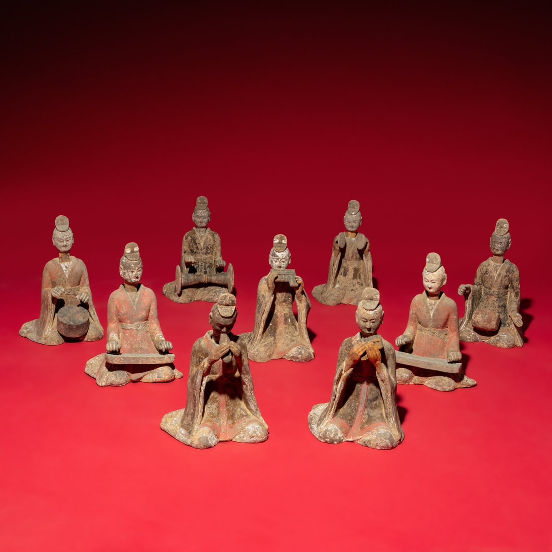 Nine Chinese Painted Grey Pottery Musicians, Late Northern Wei-Northern Qi Dynasty (1 of 5)
