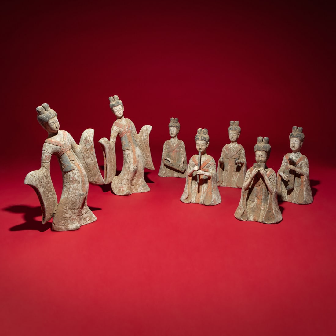 A Group of Seven Chinese Painted Pottery Figures of Musicians and Dancers, Sui-Tang Dynasty: A Group of Seven Chinese Painted Pottery Figures of Musicians and Dancers, Sui-Tang Dynasty 隋-唐 彩繪陶伎樂舞俑一組七件 S