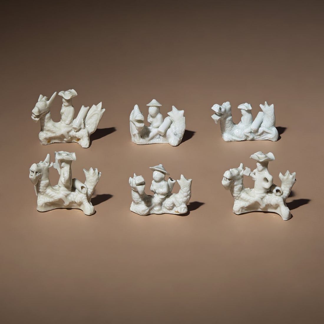 Six Chinese Blanc-de-Chine Porcelain Figural Group-Form Whistles, Late 17th-18th Century (1 of 3)