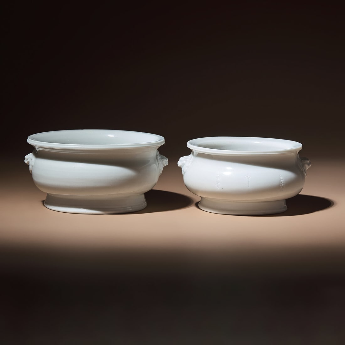 Two Chinese Blanc-de-Chine Porcelain Incense Burners, 17th-18th Century: Two Chinese Blanc-de-Chine Porcelain Incense Burners, 17th-18th Century 清早期 德化白瓷雙獸首香爐兩具 17th-18th Cent