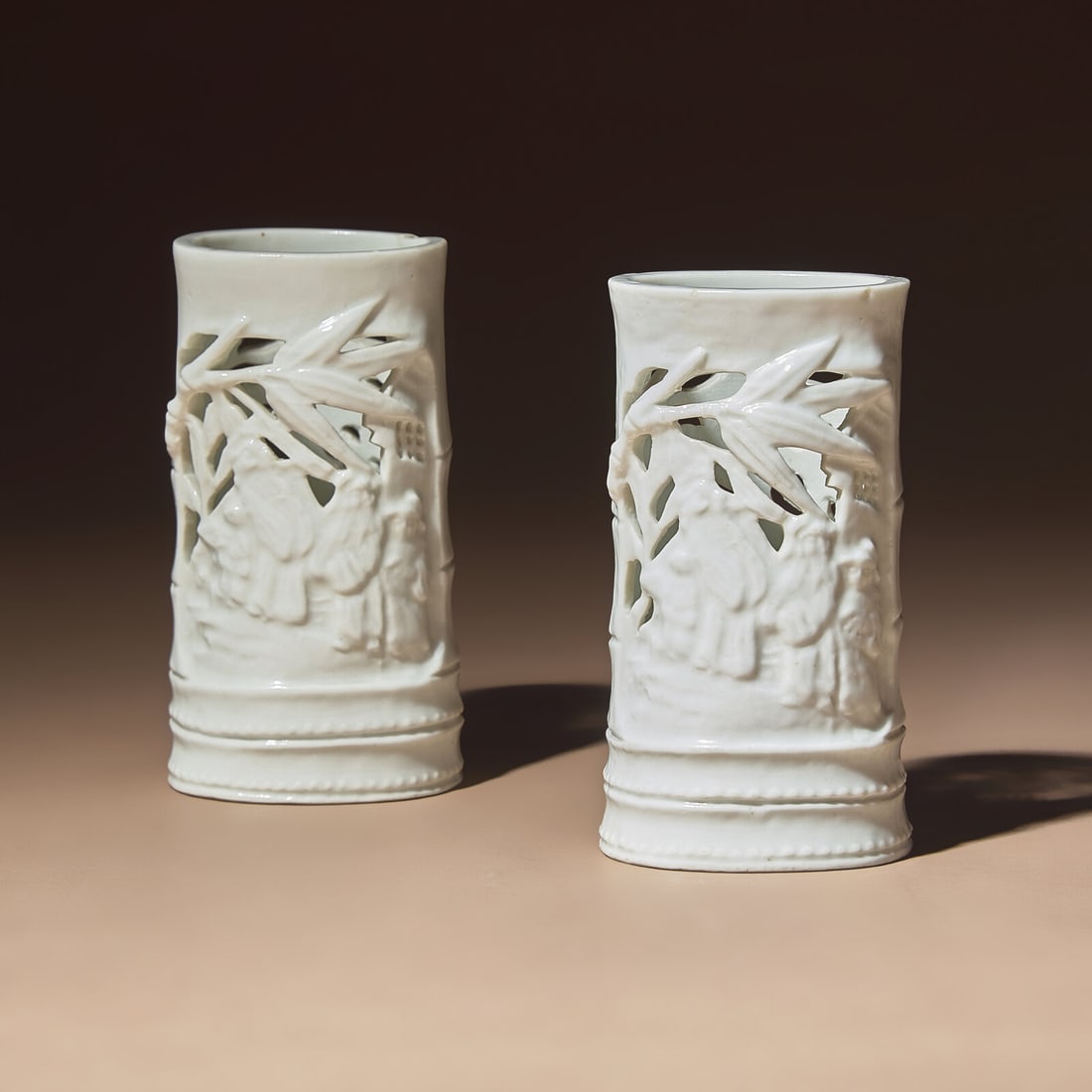 A Pair of Chinese Blanc-de-Chine Reticulated Porcelain 'Scholars' Brush Pots, Bitong, 17th-18th (1 of 4)