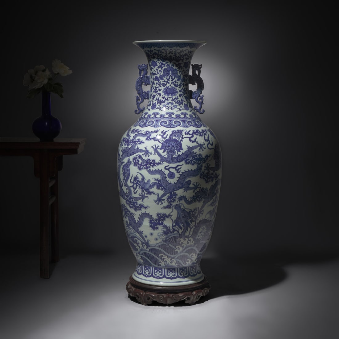 A Magnificent, Monumental, and Extremely Rare Chinese Blue and White 'Nine Dragons' Vase, Qing: A Magnificent, Monumental, and Extremely Rare Chinese Blue and White 'Nine Dragons' Vase, Qing Dynasty, Jiaqing/Daoguang Period 清嘉慶/道光 巨型青഑