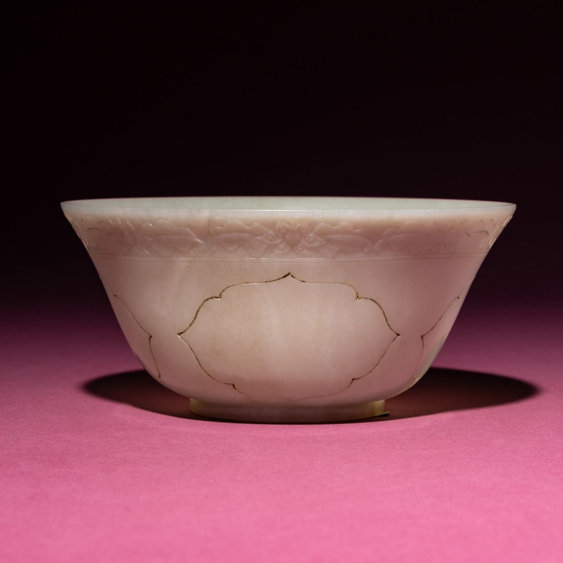 A Chinese Carved White Jade ?Floral? Bowl, 18th Century: A Chinese Carved White Jade ‘Floral’ Bowl, 18th Century 清中期 白玉刻花碗 18th Century The exterior with incised floral cartouches and begon