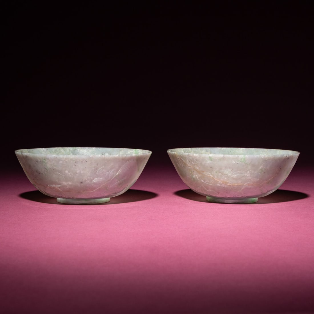 A Pair of Chinese Carved Jadeite 'Floral' Bowls, 19th-20th Century (1 of 6)