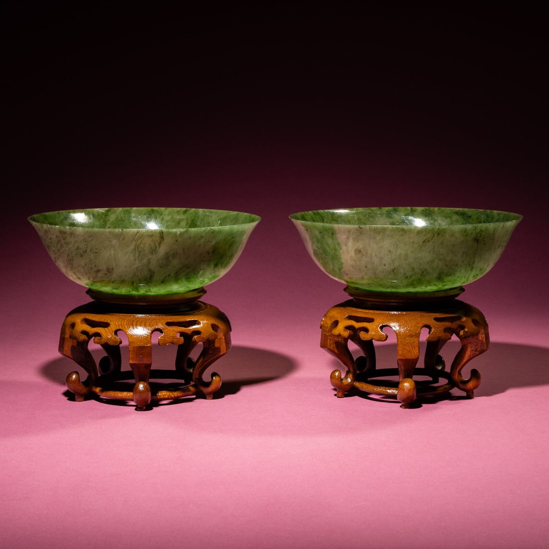 A Pair of Chinese Spinach Jade Bowls, 19th-20th Century: A Pair of Chinese Spinach Jade Bowls, 19th-20th Century 晚清-民國 碧玉碗一對 19th-20th Century Each finely polished, the softly rounded walls risi