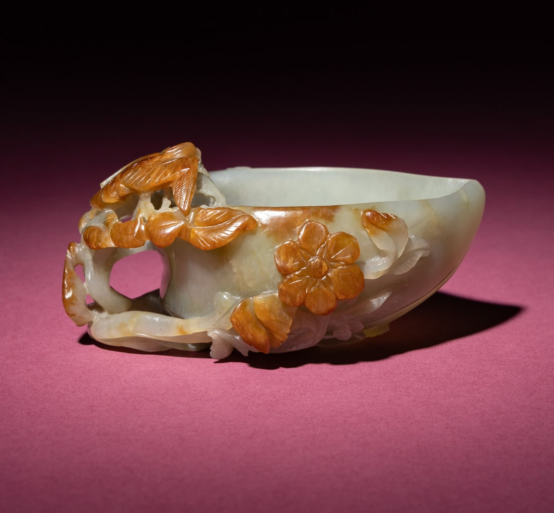 A Chinese Russet and Celadon Jade ?Magpie and Plum Blossoms? Peach-Form Coupe, 19th Century (1 of 6)