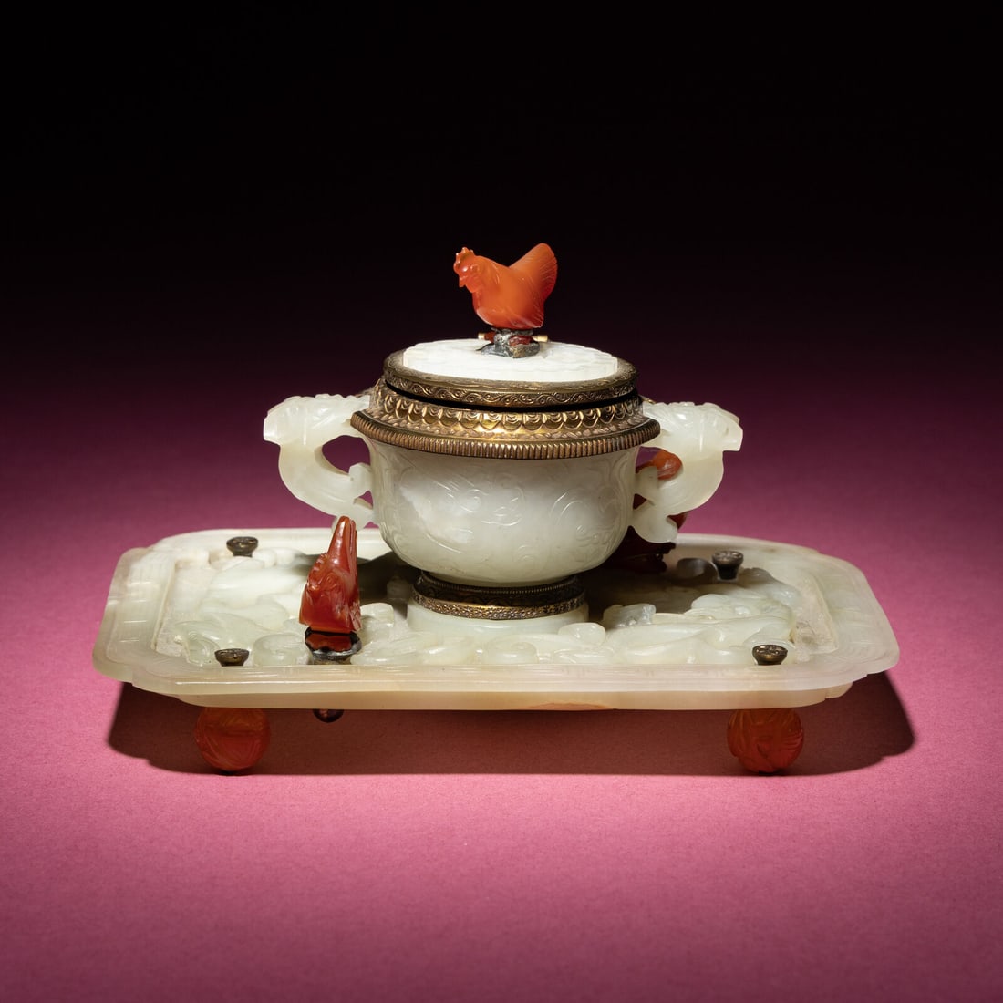 A Chinese Carved Pale Celadon Jade Cup and Stand Mounted as an Inkwell, 19th-20th Century (1 of 5)