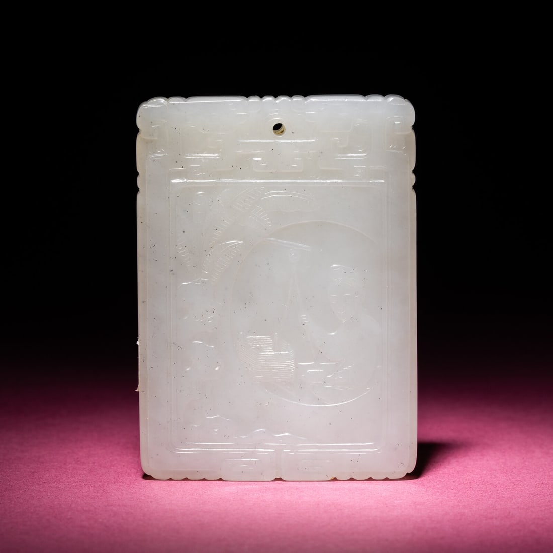 A Chinese Carved and Inscribed White Jade Rectangular Plaque, 18th/19th Century: A Chinese Carved and Inscribed White Jade Rectangular Plaque, 18th/19th Century 清中期 白玉詩文络丝圖子岡牌 18th/19th Cent
