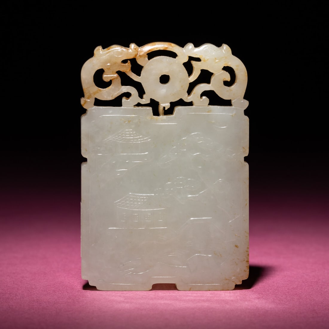 A Chinese Carved and Inscribed Russet and White Jade Rectangular Plaque, 18th/19th Century: A Chinese Carved and Inscribed Russet and White Jade Rectangular Plaque, 18th/19th Century 清中期 白玉留皮山水詩文圖牌 18t