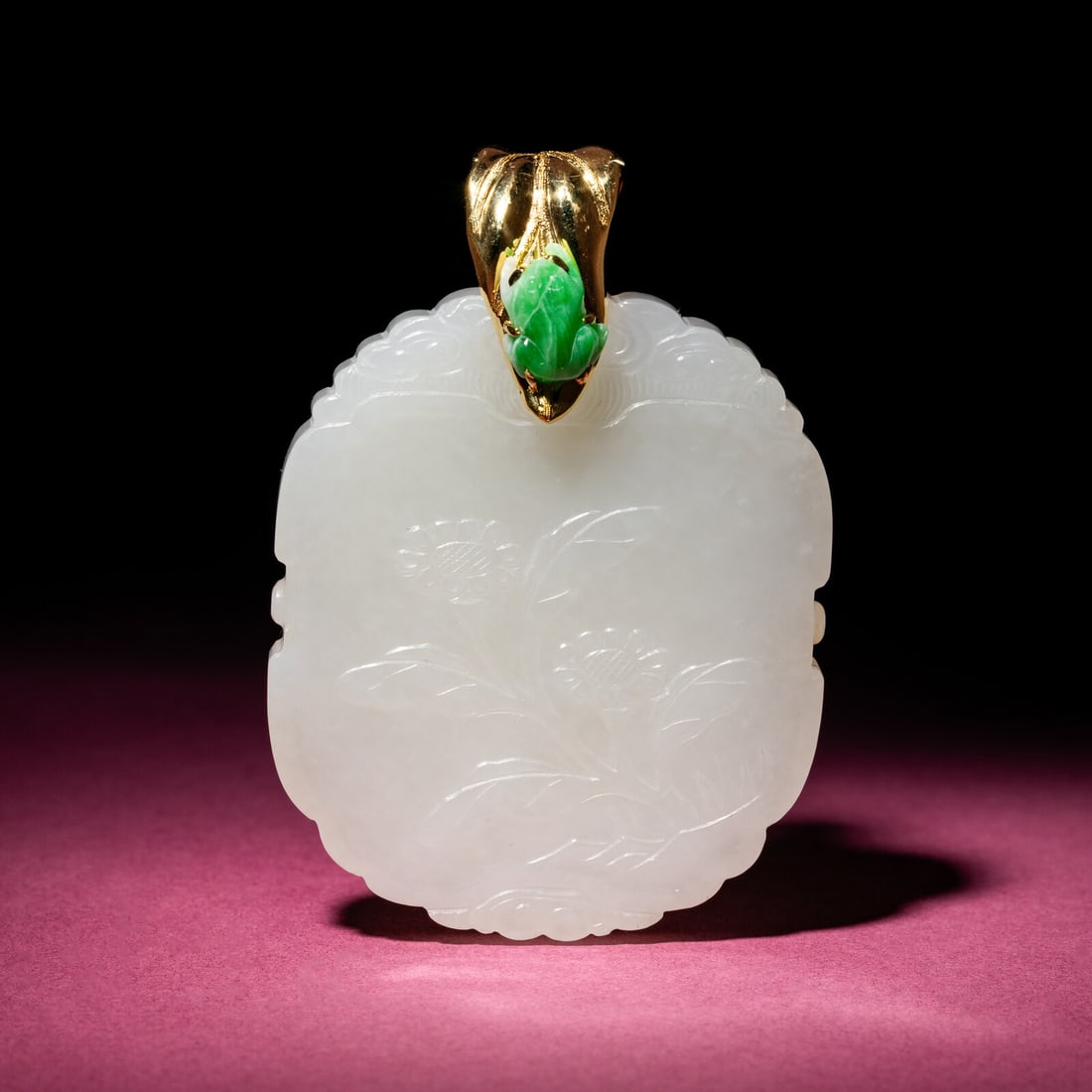 A Chinese White Jade 'Floral' Pendant, 18th/19th Century: A Chinese White Jade 'Floral' Pendant, 18th/19th Century 清中期 白玉花卉紋牌 18th/19th Century The flat pendant of shaped outline, carved to each 