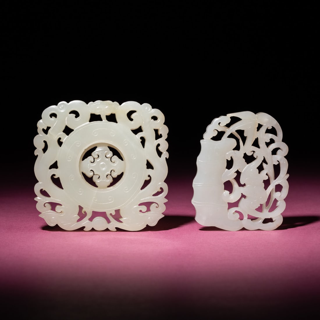 Two Chinese White Jade Reticulated Pendants, 19th Century: Two Chinese White Jade Reticulated Pendants, 19th Century 清晚期 白玉鏤雕佩兩枚 19th Century The first depicts two bats and a bamboo section