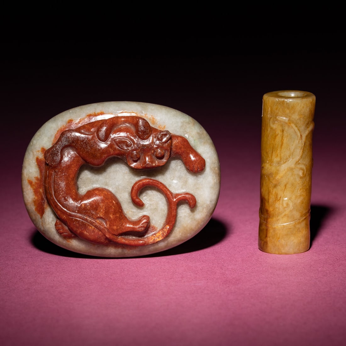 Two Chinese Jade Pendants, Qing Dynasty: Two Chinese Jade Pendants, Qing Dynasty 清 青玉巧雕螭龍紋佩及黃玉螭龍紋勒子 Qing Dynasty (1644-191