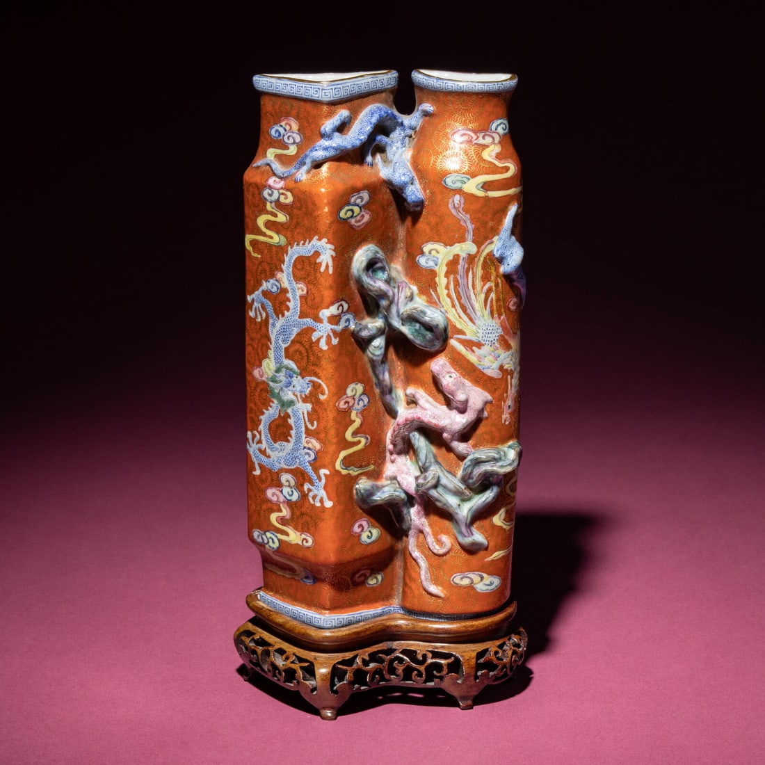 A Chinese Famille Rose 'Dragon and Phoenix' Gilt on Coral Ground Double Wall Vase, Biping, 19th: A Chinese Famille Rose 'Dragon and Phoenix' Gilt on Coral Ground Double Wall Vase, Biping, 19th Century 清晚期 珊瑚紅地粉彩凸塑龍