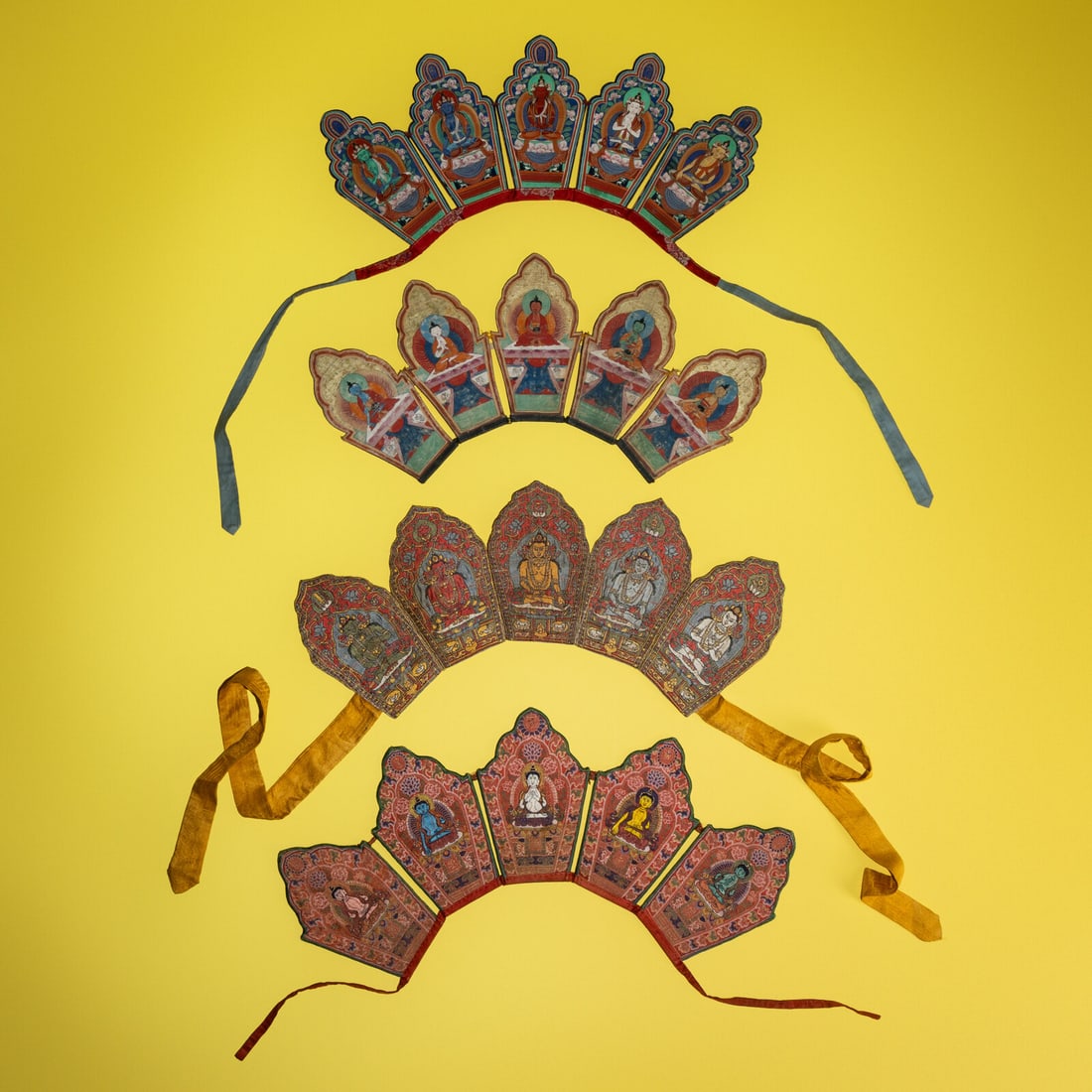 Four Chinese and Sino-Tibetan Five-Pointed Ritual Diadems, Wufoguan, 19th Century (1 of 3)