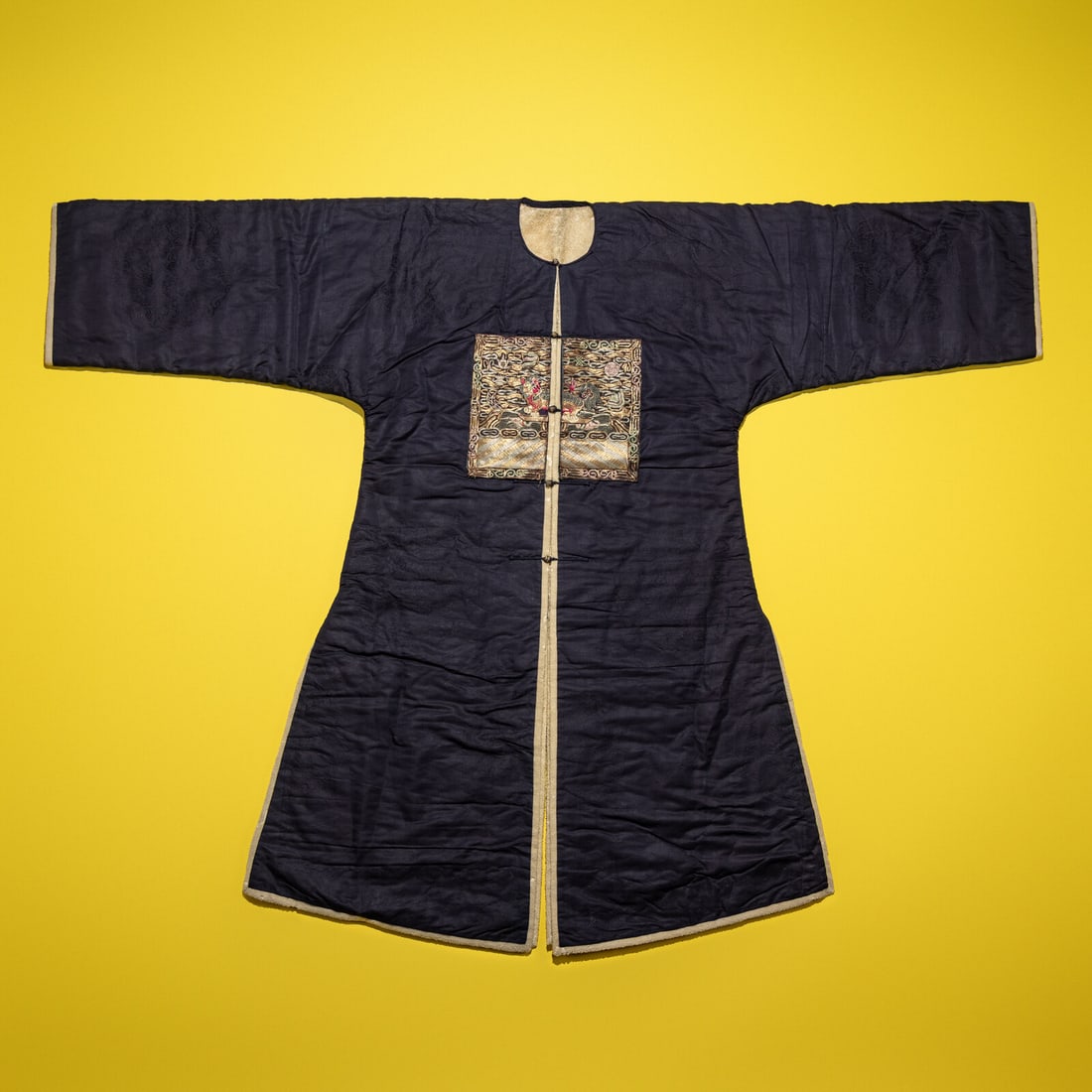 A Chinese Dark Blue Silk Fur Lined Official's Robe, Bufu, Late Qing Dynasty: A Chinese Dark Blue Silk Fur Lined Official's Robe, Bufu, Late Qing Dynasty 清晚期 石青地四品武官冬補服 Late Qing Dynasty 