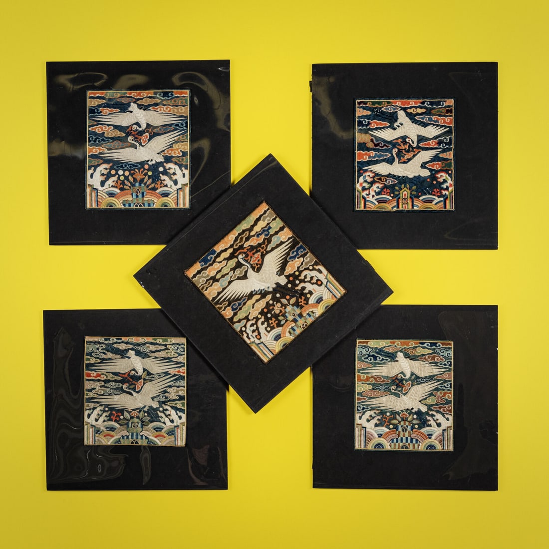 Five Korean Embroidered Silk 'Crane' Civil Official Rank Badges, Joseon Dynasty, 19th Century: Five Korean Embroidered Silk 'Crane' Civil Official Rank Badges, Joseon Dynasty, 19th Century 朝鮮王朝 文官鶴紋補子五件 Joseon D