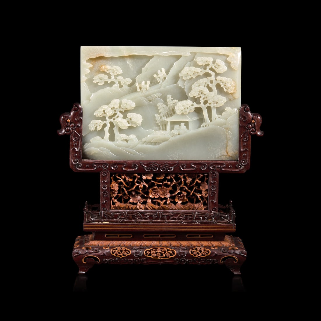 A Chinese Pale Celadon Jade 'Figures in Landscape' Rectangular Table Screen, 18th/Early 19th Century: A Chinese Pale Celadon Jade 'Figures in Landscape' Rectangular Table Screen, 18th/Early 19th Century 清中期 青白玉双面工漁樵耕&#