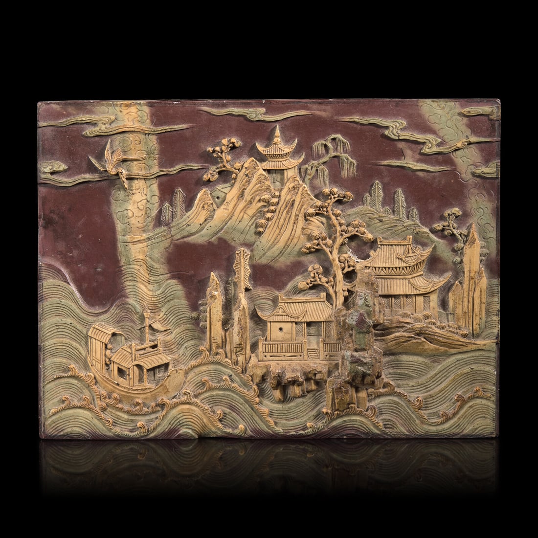 A Chinese Carved Duan Stone Rectangular 'Landscape' Panel, 19th Century: A Chinese Carved Duan Stone Rectangular 'Landscape' Panel, 19th Century 清晚期 端石雕蓬萊仙島插屏心 19th Century Carved in