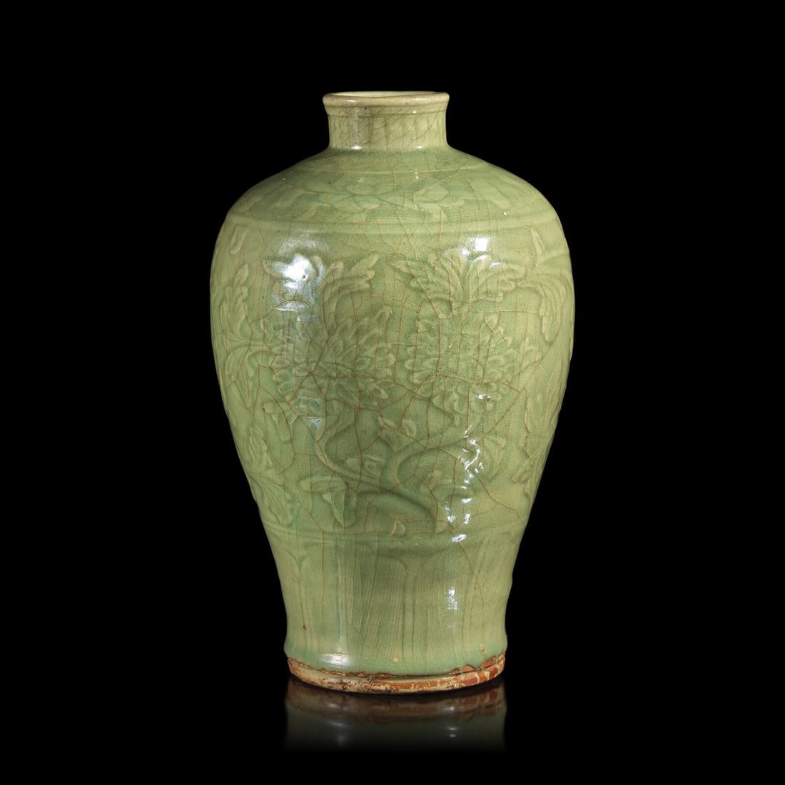 A Chinese Carved and Crackled Glazed Longquan Celadon Vase, Meiping, Ming Dynasty, 16th Century: A Chinese Carved and Crackled Glazed Longquan Celadon Vase, Meiping, Ming Dynasty, 16th Century 明晚期 龍泉青釉拱花花卉紋梅