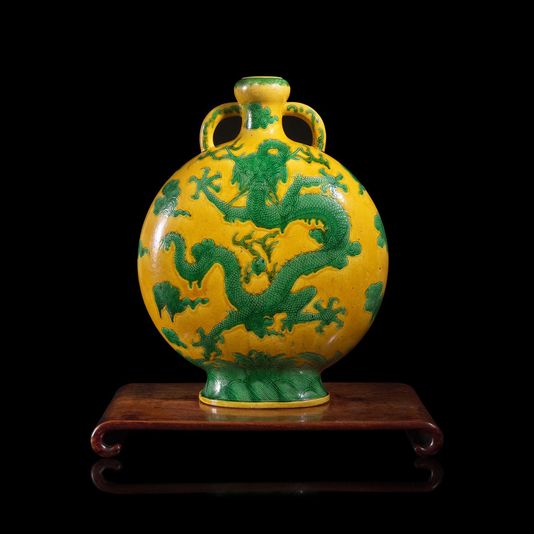 An Impressive Chinese Green Enameled Yellow Ground Porcelain 'Dragon' Moon Flask, Qing Dynasty (1 of 4)