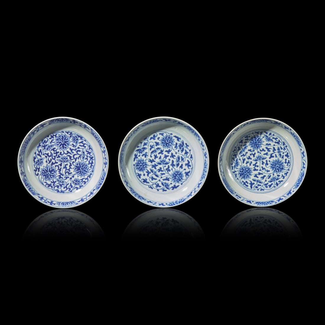 Three Chinese Blue and White Porcelain 'Lotus' Dishes, 19th Century (1 of 2)