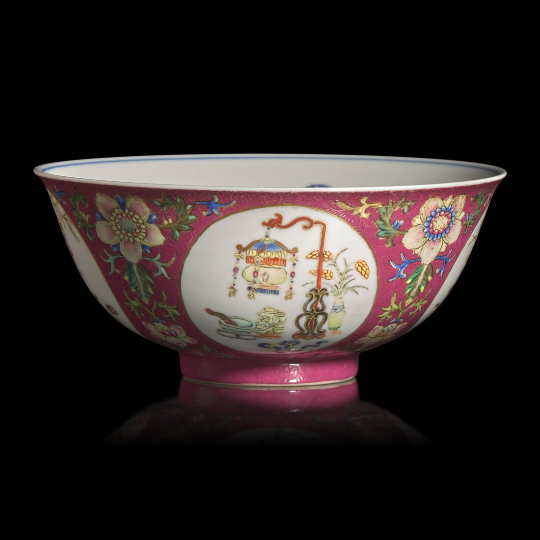A Chinese Famille-Rose Ruby-Ground Sgraffito 'Medallion' Bowl, Daoguang Mark and of the Period: A Chinese Famille-Rose Ruby-Ground Sgraffito 'Medallion' Bowl, Daoguang Mark and of the Period 清道光 內青花外粉彩軋道胭脂