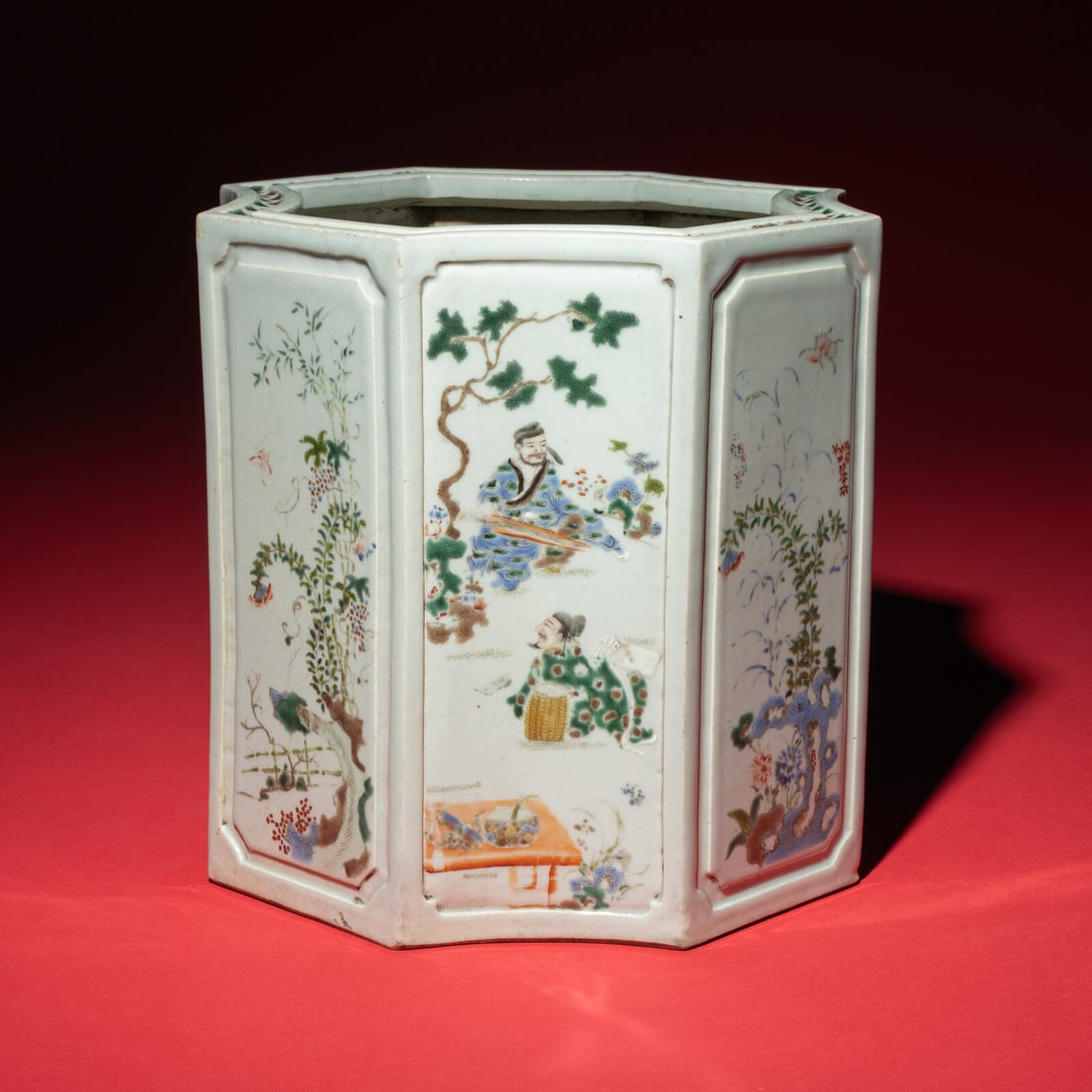 A Large Famille Rose 'Figures' Octagonal Porcelain Brushpot, 19th Century (1 of 6)