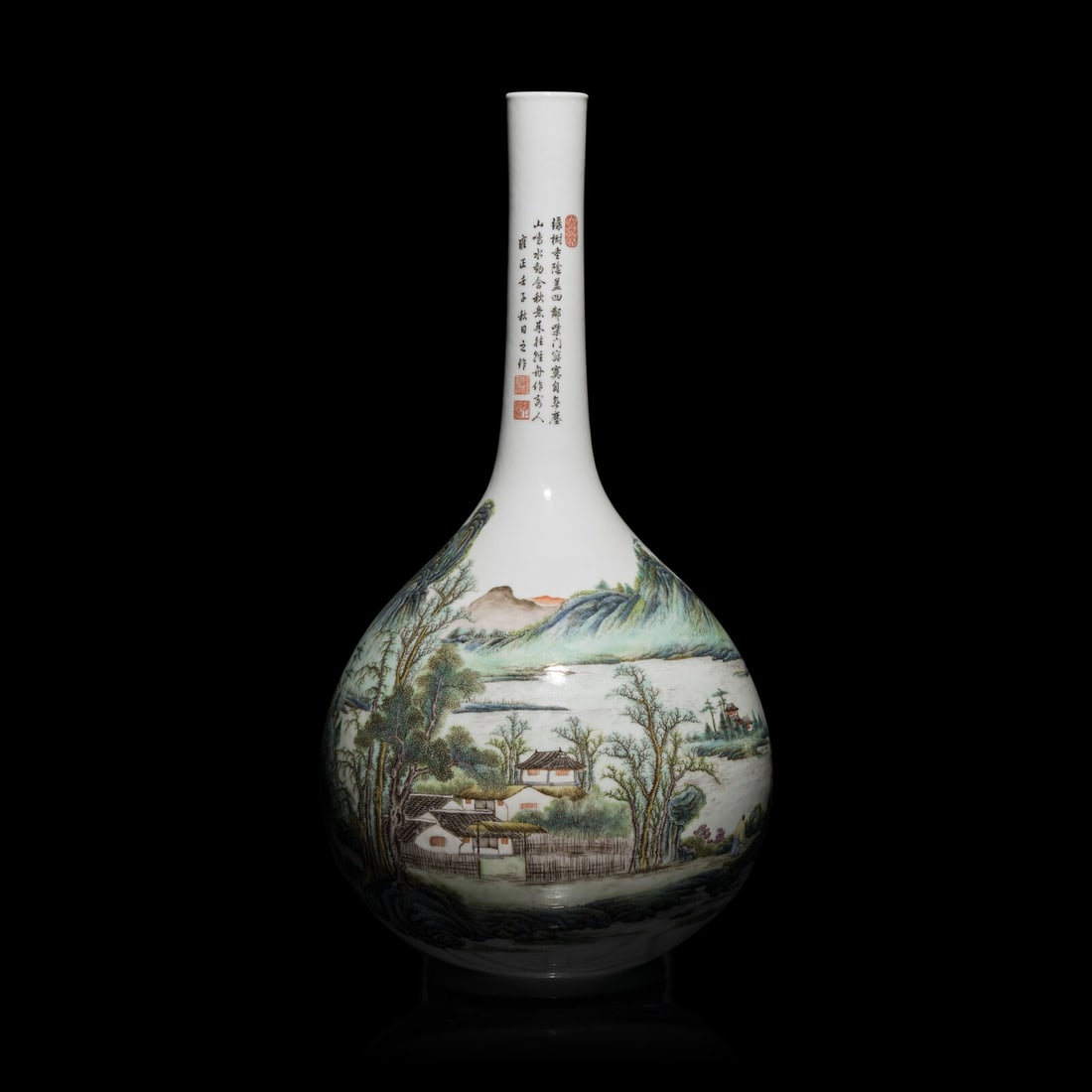 A Chinese Famille Rose 'Landscape' Porcelain Vase, Republic Period/20th Century: A Chinese Famille Rose 'Landscape' Porcelain Vase, Republic Period/20th Century 民國/近代 粉彩山水詩文長頸瓶 Republic Peri