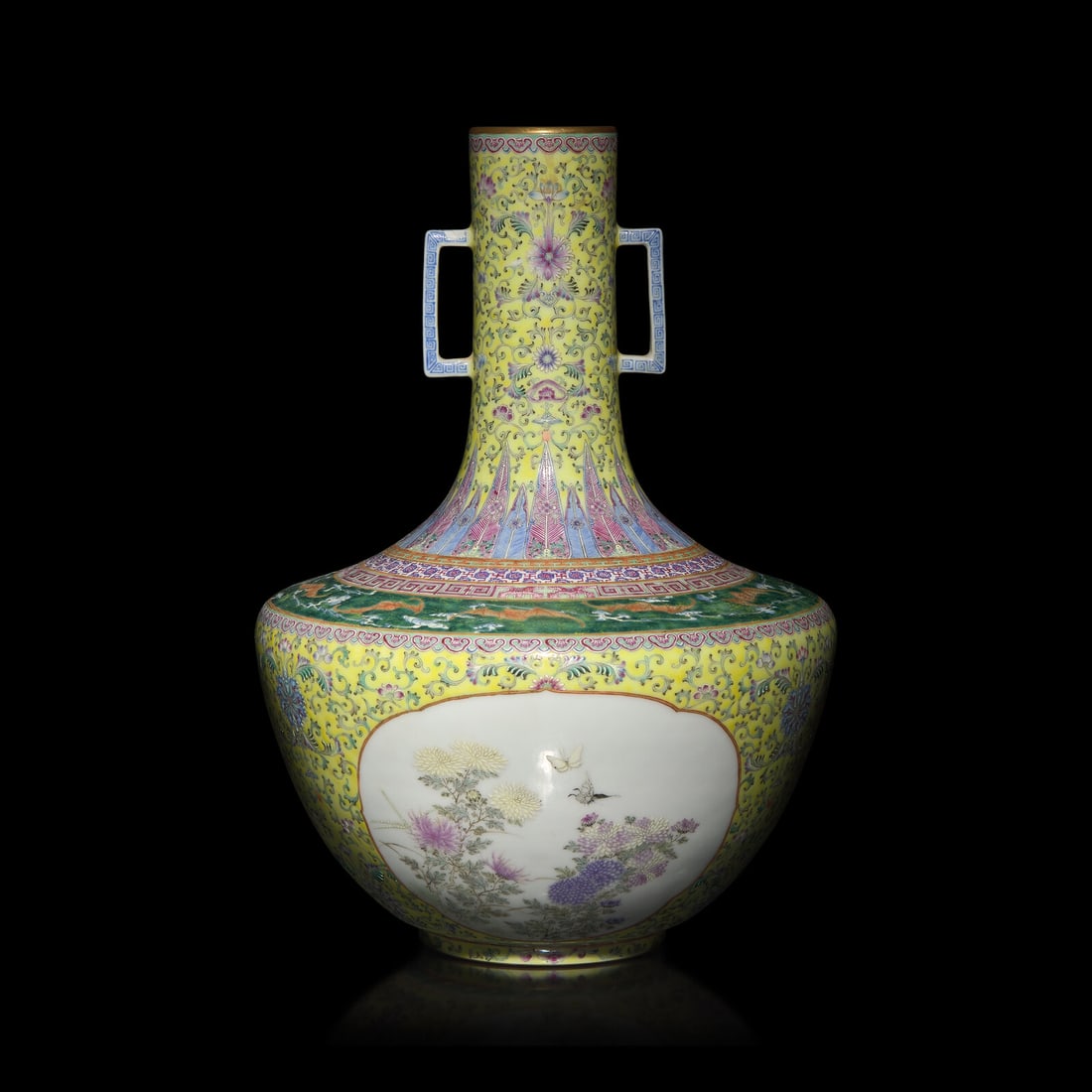 A Chinese Yellow Ground Famille Rose Porcelain 'Floral' Vase, Dated 1947 (1 of 7)