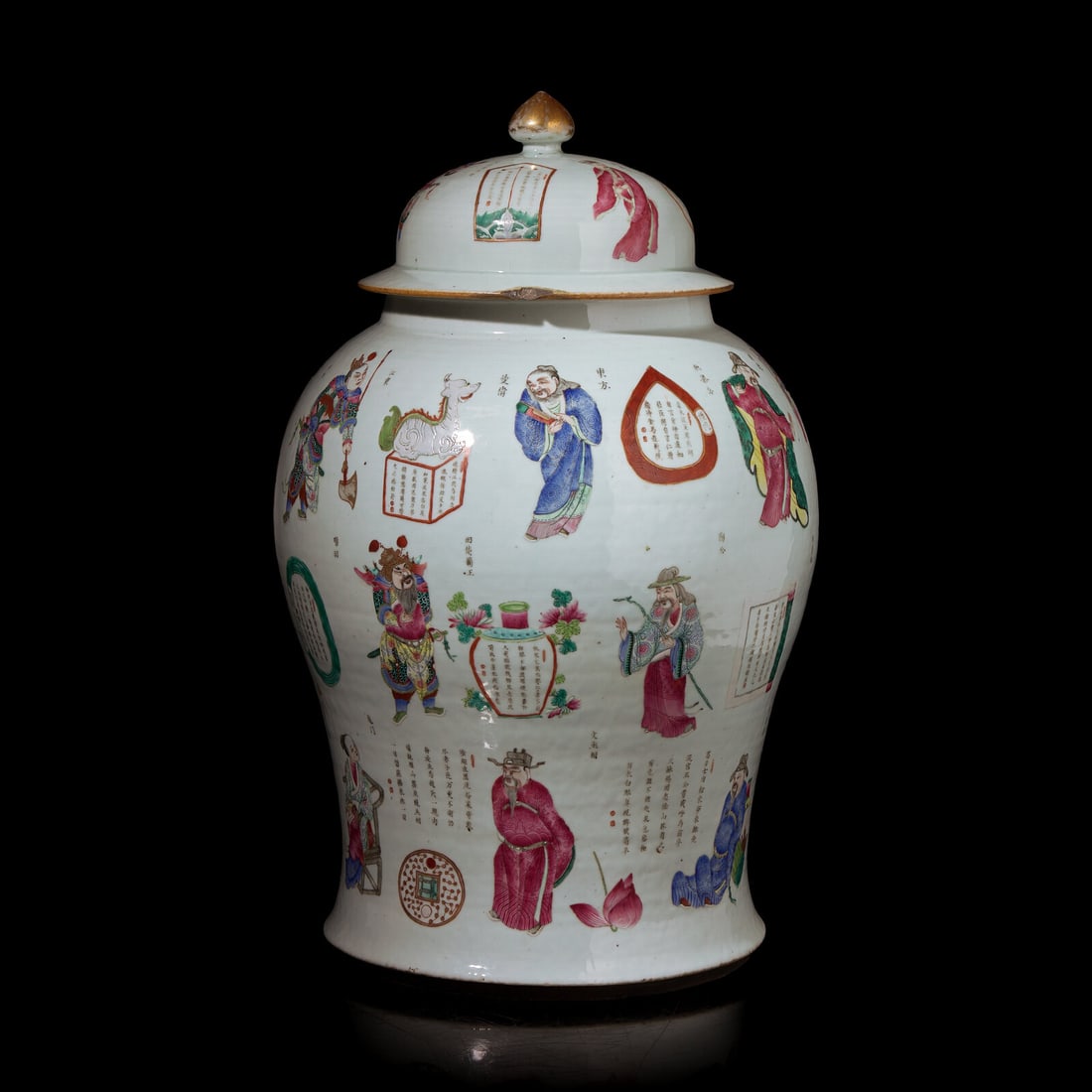 A Large Chinese Famille Rose-Decorated ?Wushuangpu? Jar and Cover, Mid 19th Century: A Large Chinese Famille Rose-Decorated ‘Wushuangpu’ Jar and Cover, Mid 19th Century 清晚期 粉彩無雙譜大將軍罐 Mid 19