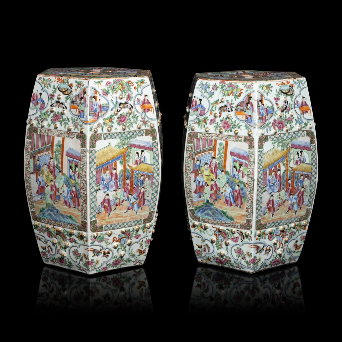 A Pair of Chinese Canton Famille Rose Porcelain Hexagonal Garden Stools, 19th Century (1 of 5)