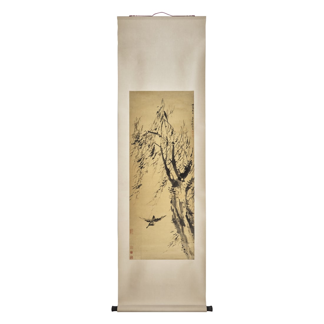 Gao Qipei (Chinese, 1660-1734): Gao Qipei (Chinese, 1660-1734) 高其佩（清康熙，1660-1734） Willow and Fishbird Ink on silk, hanging scroll. Signed Finger painting by Gao Qipei, d