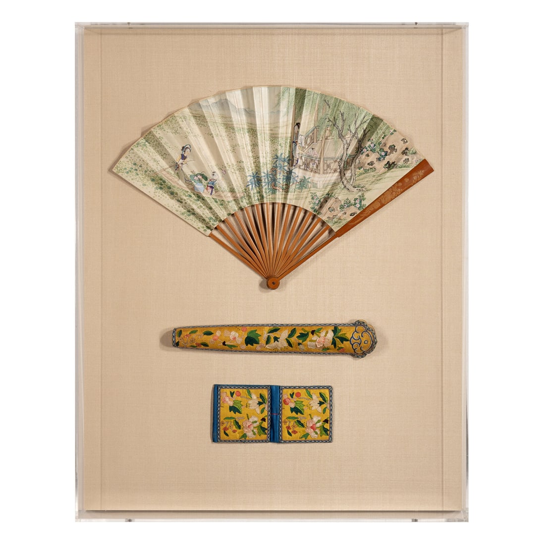A Chinese Painted Folding Fan and Two Silk-Embroidered Accessories, 19th Century (1 of 2)