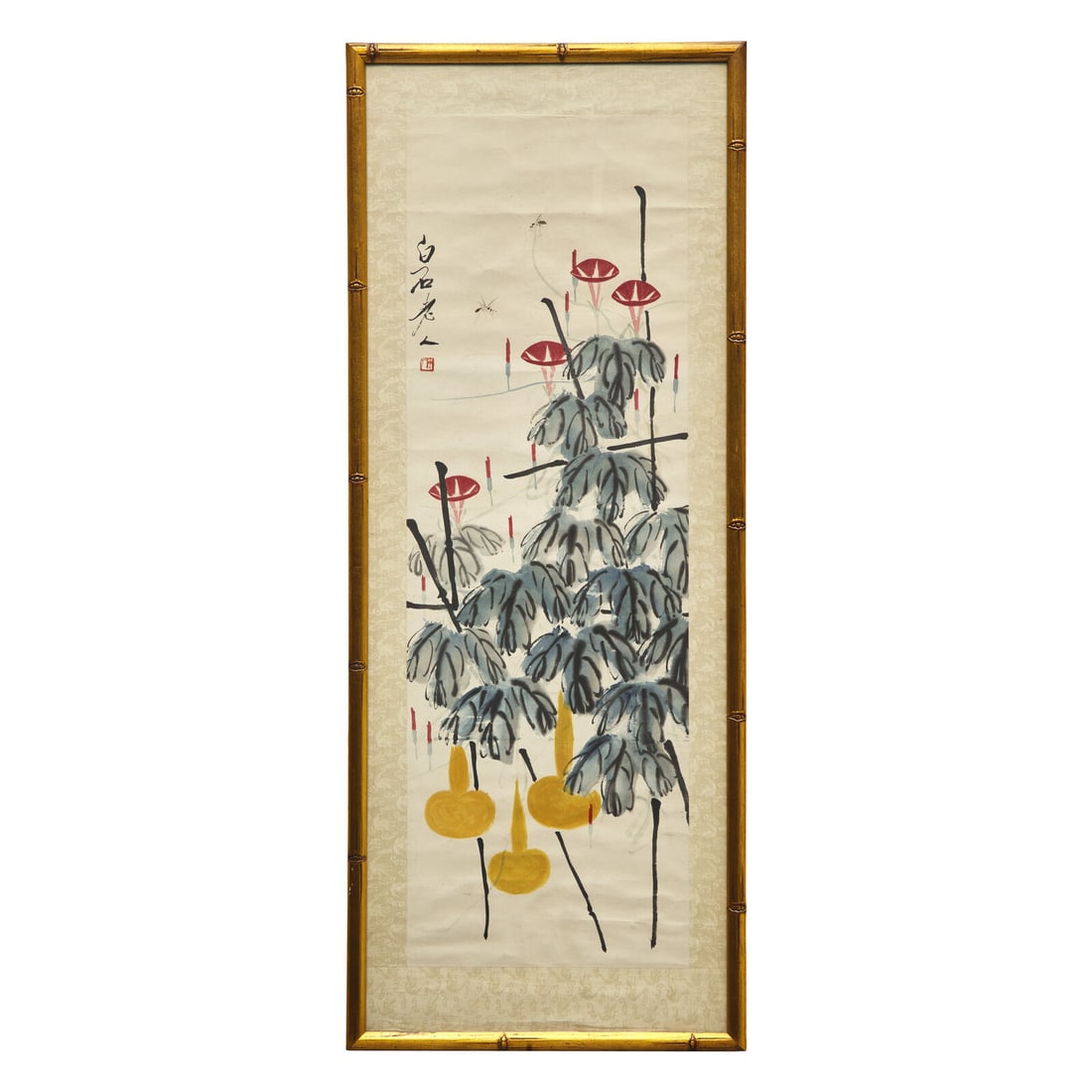 Qi Baishi (Chinese, 1864-1957): Qi Baishi (Chinese, 1864-1957) 齊白石（近代，1864-1957） Morning Glory and Yellow Gourds Ink and color on paper, framed. Signed Baishi Laoren, with one 