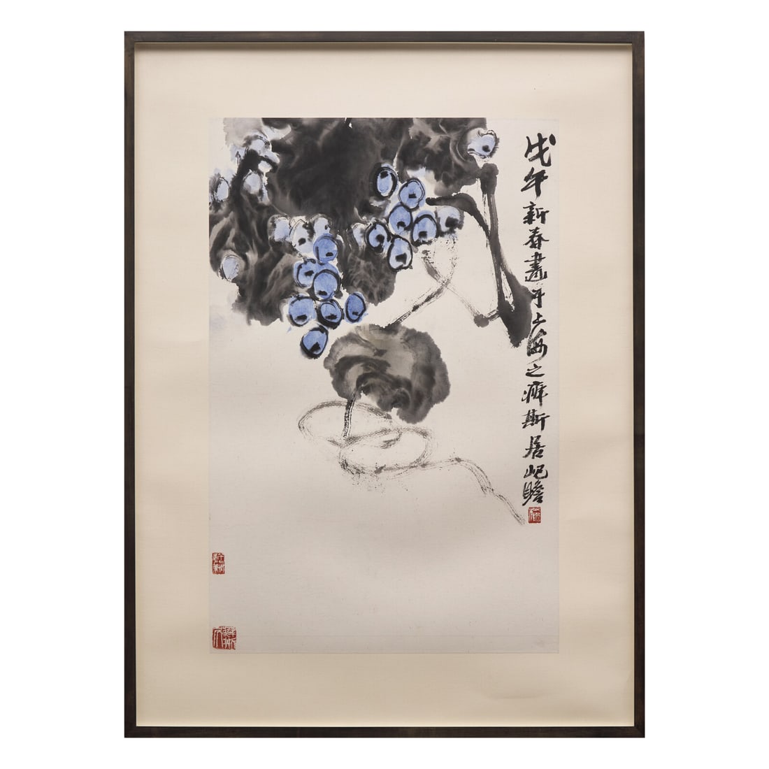 Zhu Qizhan (Chinese, 1892-1996): Zhu Qizhan (Chinese, 1892-1996) 朱屺瞻（近代，1892-1996） Grapes Ink and color on paper, framed. Signed Qizhan, dated lunar year wuwu (1978), with three