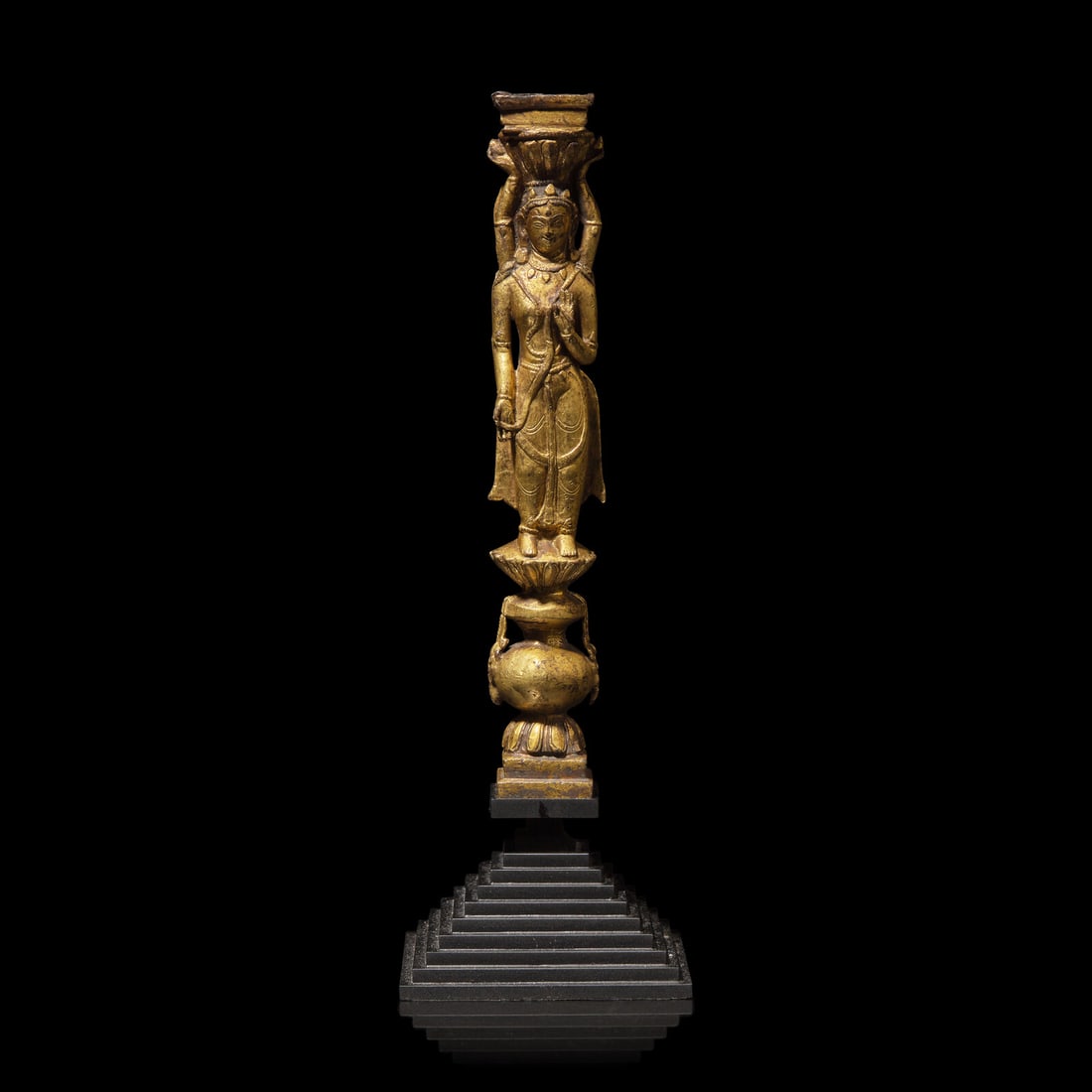 A Tibetan Gilt Copper Alloy Double-Sided Stupa Column Support, Densatil Monastery, 14th/Early 15th (1 of 5)