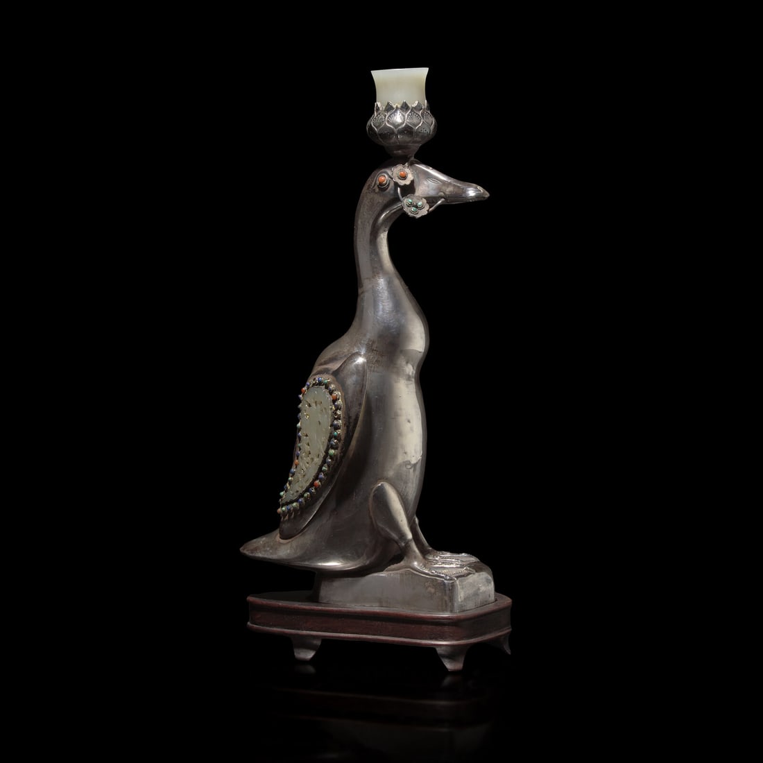 A Chinese Jade and Hardstone Inset Silver 'Duck' Candle Holder, Late 19th-Early 20th Century: A Chinese Jade and Hardstone Inset Silver 'Duck' Candle Holder, Late 19th-Early 20th Century 晚清-民國 銀鑲玉嵌寳鴨形燭臺 