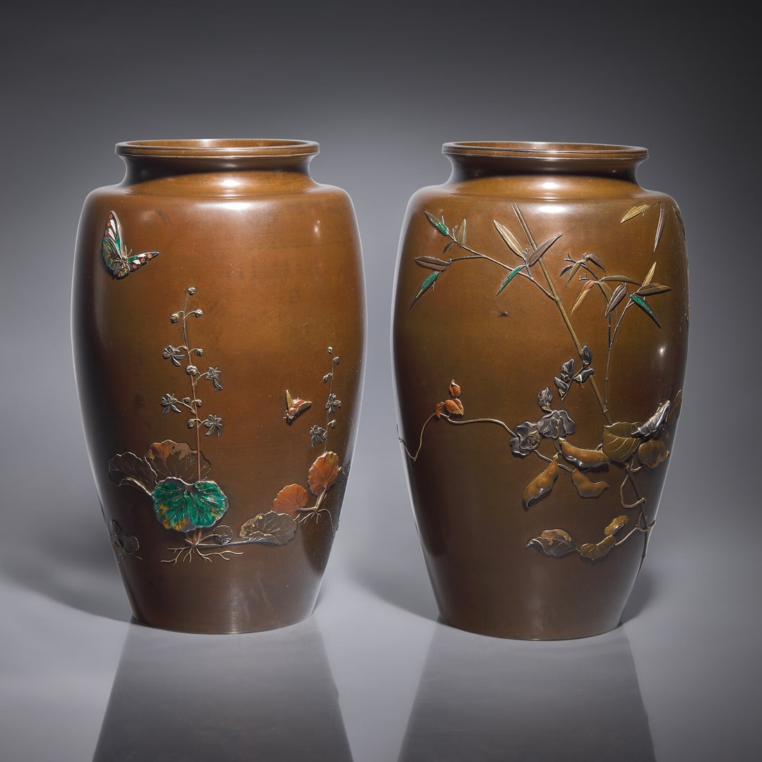A Pair of Japanese Enameled and Mixed Metal-Inlaid Patinated Bronze Vases, Attributed to Saito,: A Pair of Japanese Enameled and Mixed Metal-Inlaid Patinated Bronze Vases, Attributed to Saito, Meiji Period 日本明治時期 高肉象嵌銅&#