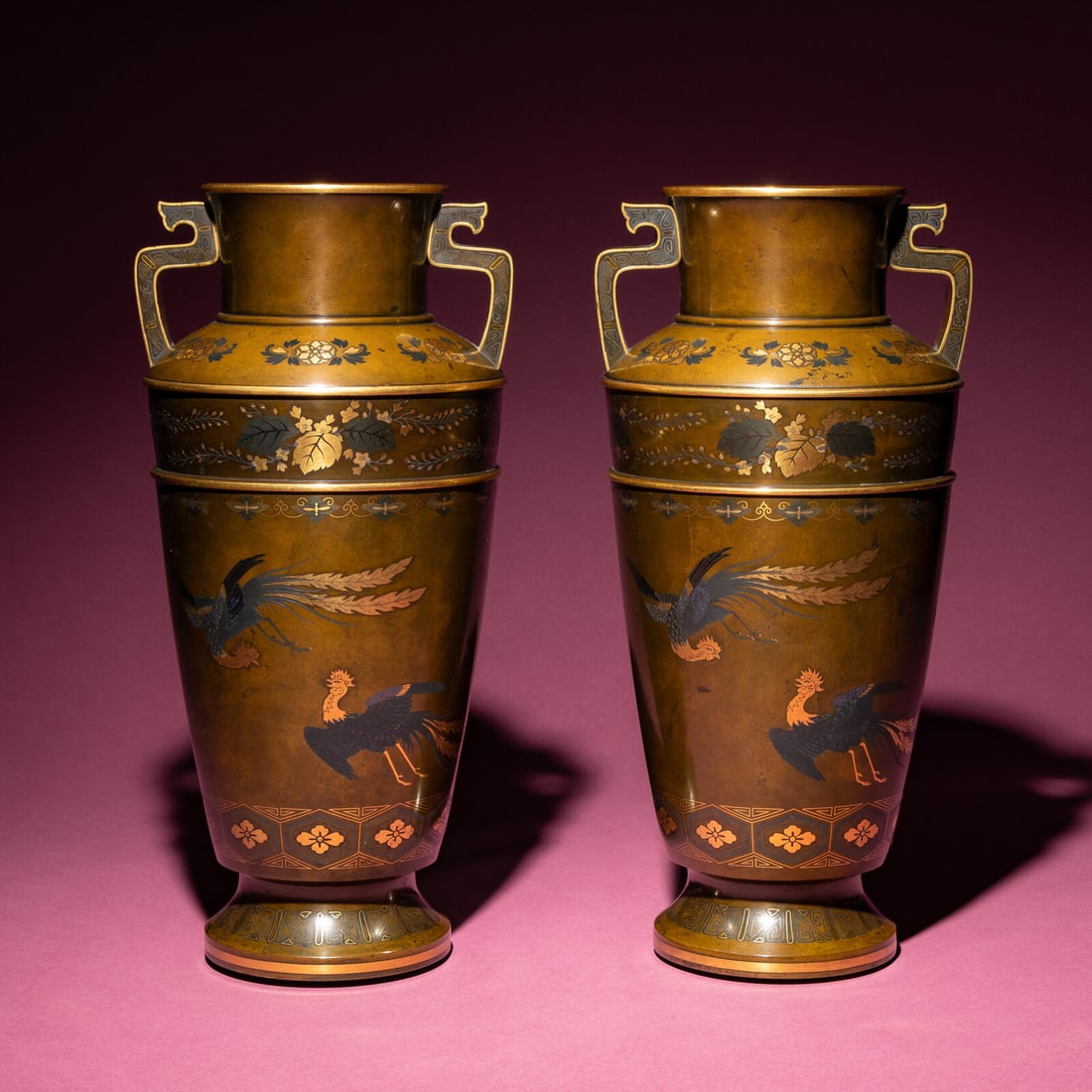 A Pair of Japanese Bronze and Mixed Metal Vases, 20th Century: A Pair of Japanese Bronze and Mixed Metal Vases, 20th Century 近代 日本金工鳳紋賞瓶一對 20th Century Height 13 1/4 in., 33.6 cm.