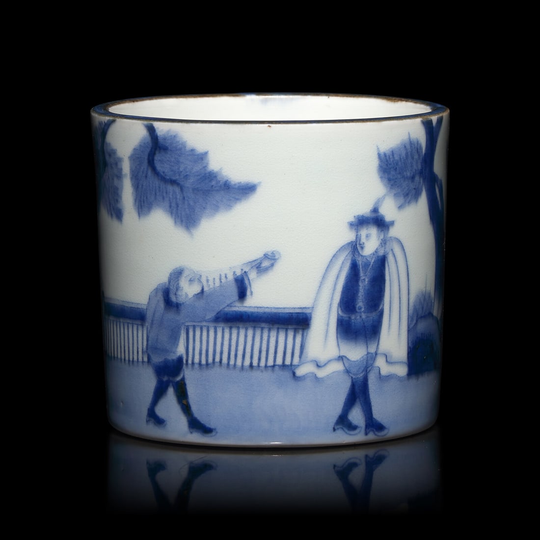 A Small Japanese Blue and White Porcelain ?Nanban? Brush Pot, Edo to Meiji Period: A Small Japanese Blue and White Porcelain ‘Nanban’ Brush Pot, Edo to Meiji Period 日本江戶-明治時代 青花南蠻人