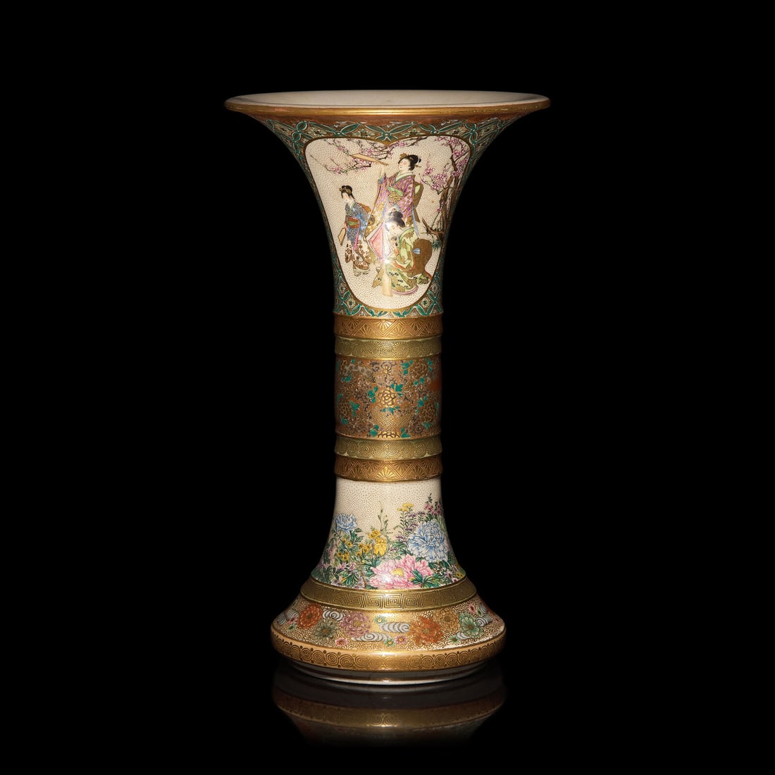 A Japanese Satsuma-Type Trumpet Vase, Kinkozan Studios, Meiji Period: A Japanese Satsuma-Type Trumpet Vase, Kinkozan Studios, Meiji Period 日本明治時代 錦光山造薩摩燒美人圖&#