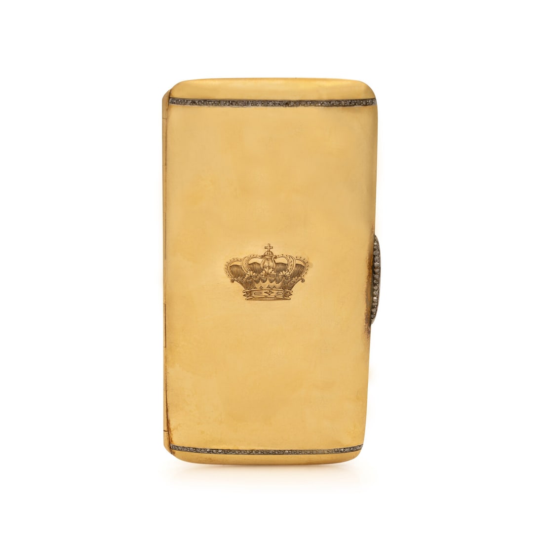 French, Antique, Yellow Gold and Diamond Case: French, Antique, Yellow Gold and Diamond Case Engraved with a crown and set with rose cut diamonds. Yellow gold and platinum. 3 1/4 x 1 5/8 inches. Stamp: (Austro-Hungarian import mark) (French assay 