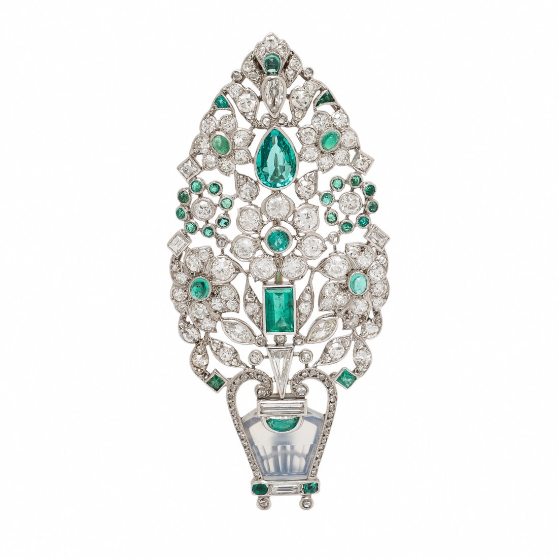Art Deco, French, Diamond, Emerald, and Moonstone Giardinetto Brooch: Art Deco, French, Diamond, Emerald, and Moonstone Giardinetto Brooch Designed as a vase of flowers with a carved moonstone base, set with single, old European, transitional, French, emerald, trillion,