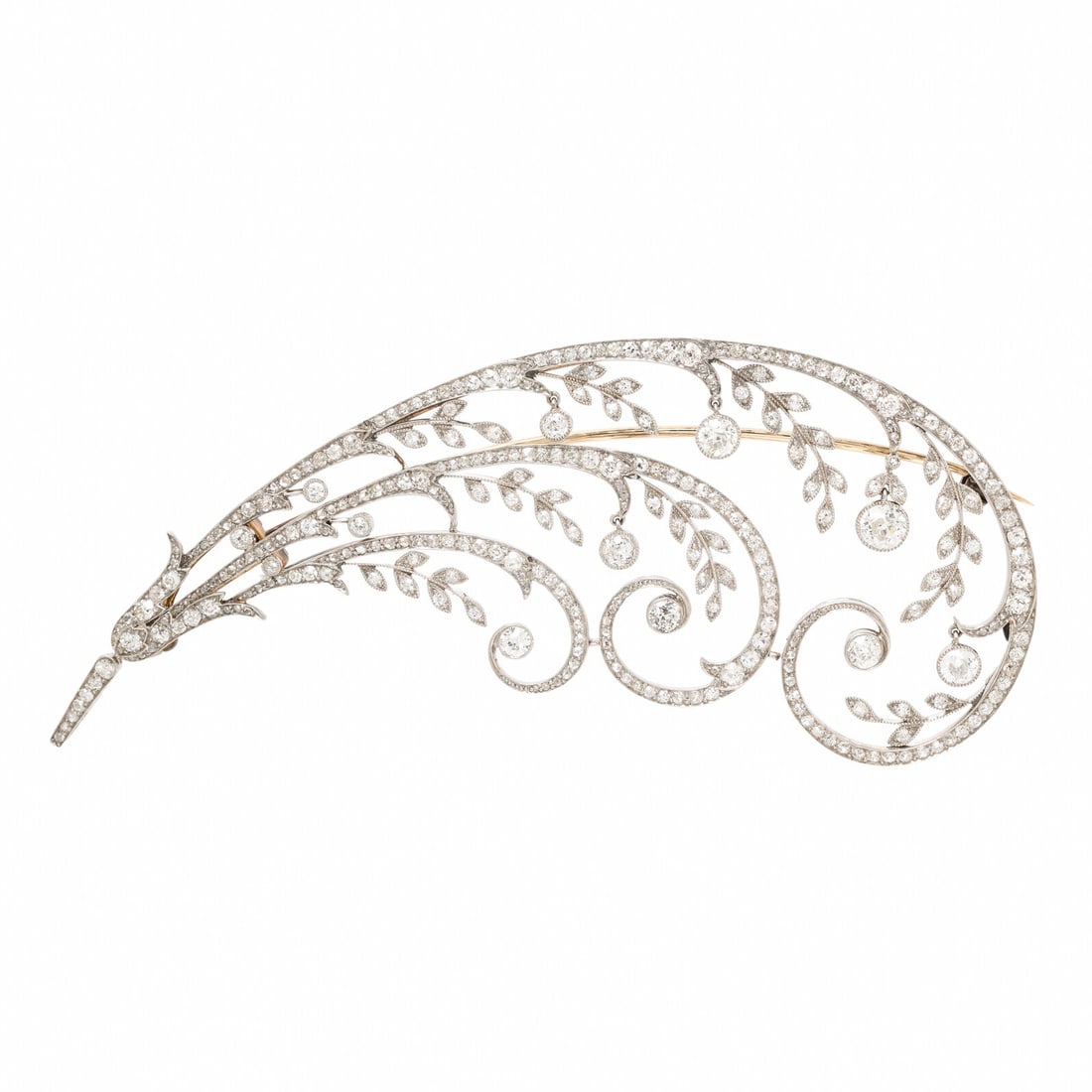 Edwardian, Diamond and Platinum Feather Brooch: Edwardian, Diamond and Platinum Feather Brooch Designed as a feather, set with old mine, old European, and single cut diamonds weighing approximately 4.00 - 4.50 carats total, and rose cut diamonds. M