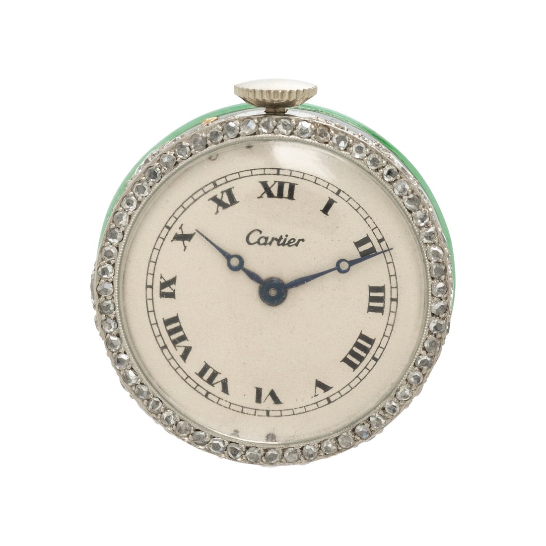 Cartier, Art Deco, Diamond, Carved Jade, and Enamel Pendant Watch: Cartier, Art Deco, Diamond, Carved Jade, and Enamel Pendant Watch Designed with a jade bi case measuring approximately 24.85 mm, onyx, black enamel detail, single and transitional cut diamonds weighin