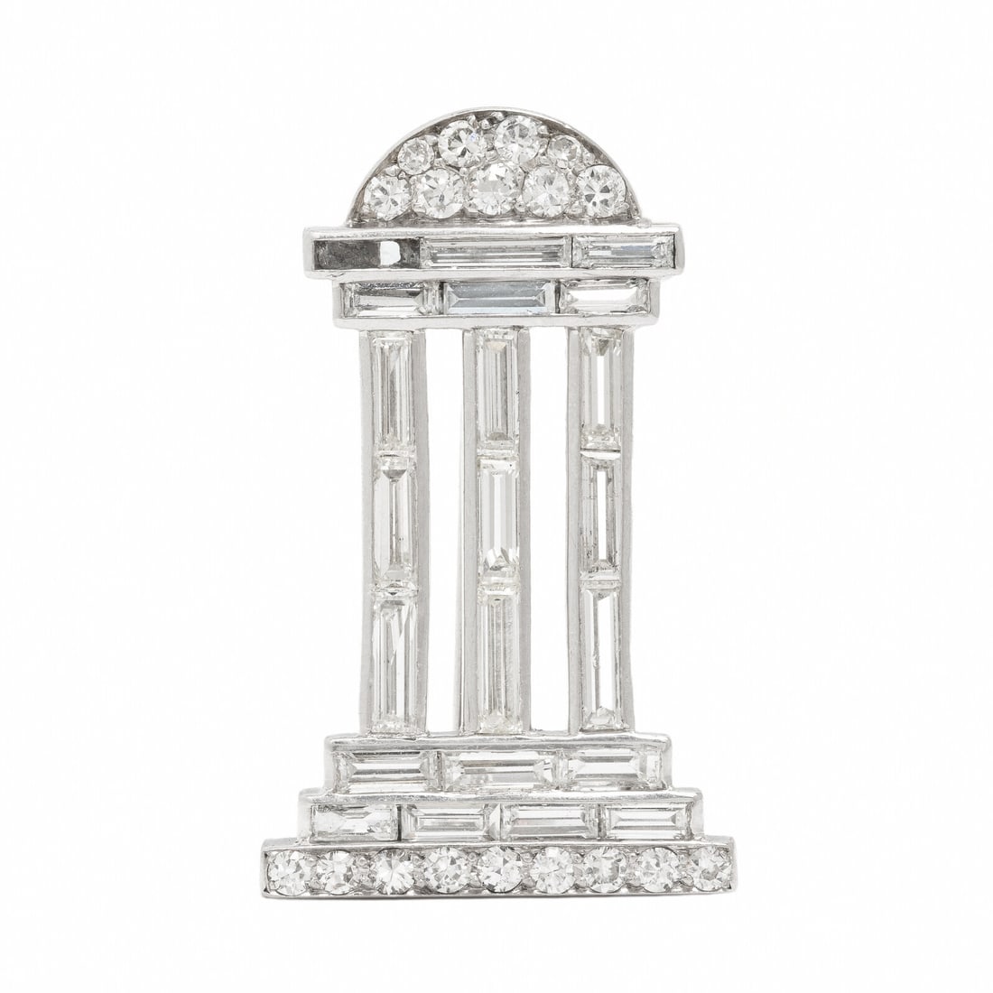 Art Deco, French, Diamond and Platinum Architectural Brooch: Art Deco, French, Diamond and Platinum Architectural Brooch In an architectural design resembling Doric columns and a dome, set with baguette, transitional, and single cut diamonds weighing approximat