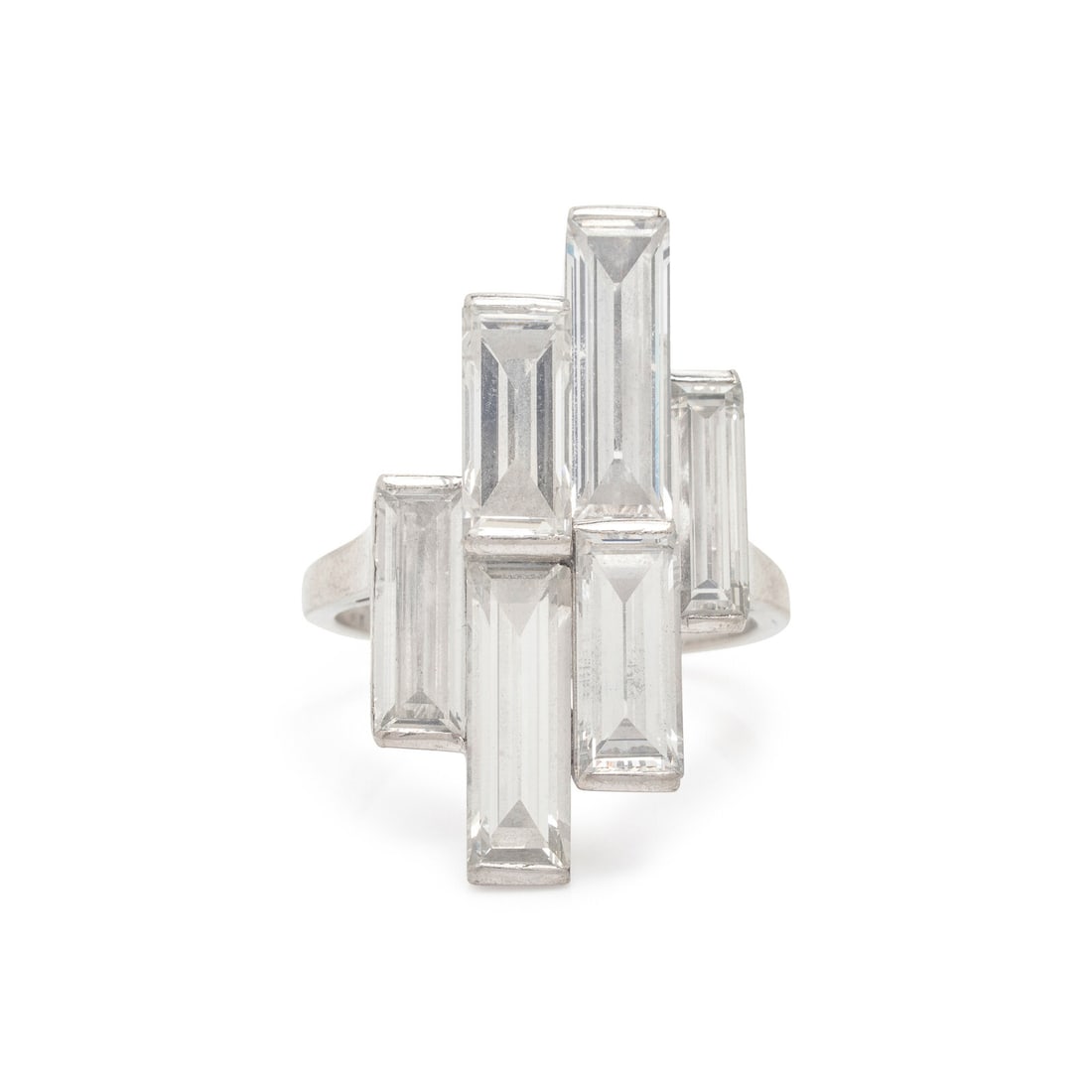 Van Cleef & Arpels, Diamond and Platinum Ring: Van Cleef & Arpels, Diamond and Platinum Ring In a geometric design, set with baguette cut diamonds weighing approximately 6.55 carats total. Mounted in platinum. Ring size 6 3/4. Engraved: VAN CLEEF 
