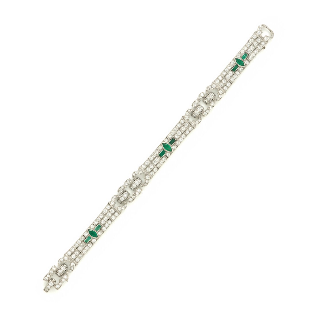 Art Deco, Diamond and Emerald Bracelet: Art Deco, Diamond and Emerald Bracelet Featuring round brilliant cut diamonds weighing approximately 5.50 - 6.50 carats total, and baguette and marquise cut emeralds. Mounted in platinum. 7 1/4 inches